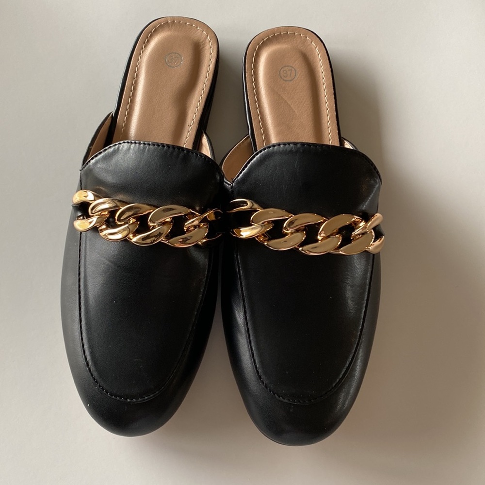 Gold Chain Detail Flat Slip On Mule in Black Faux Leather - Women’s